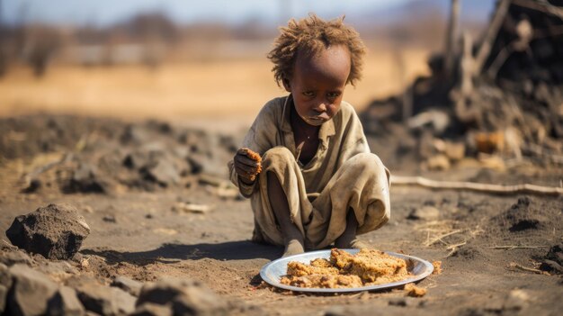 Hungriges, hungerndes, armes kleines Kind, das in Äthiopien in die Kamera schaut