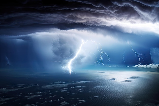 Foto huracán con tormentas eléctricas, relámpagos y vientos dañinos en el horizonte