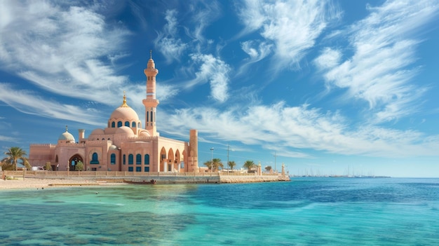 Hurghada Egito Paisagem marítima com mesquita na costa da cidade árabe Porto em meio ao Mar Azul