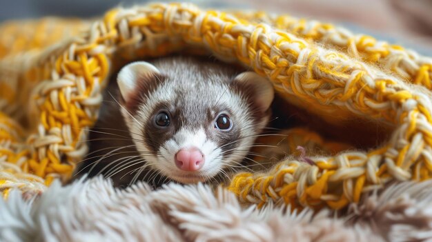 Foto un hurón acurrucado que asoma de una cubierta acogedora sus ojos brillantes y sus bigotes que se estremecen llenos de curiosidad y travesura