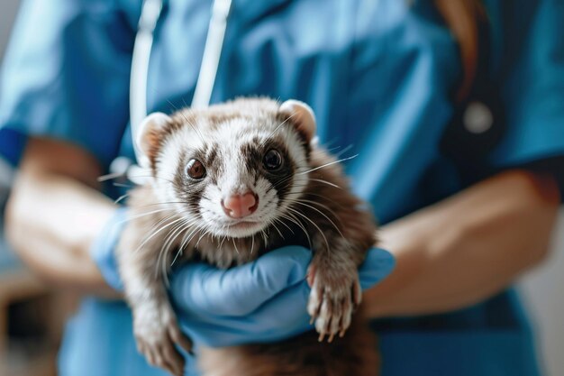 El hurón en las manos de los veterinarios la textura detallada de la piel