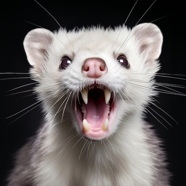 Foto hurón de refugios de animales en blanco con la boca abierta listo para comer