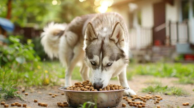 Un husky adulto come comida para perros de un cuenco