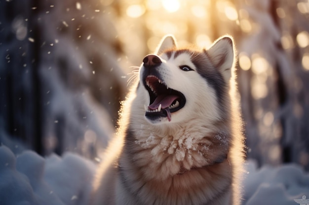 Husky alegre na neve boca agape saboreando o país das maravilhas do inverno