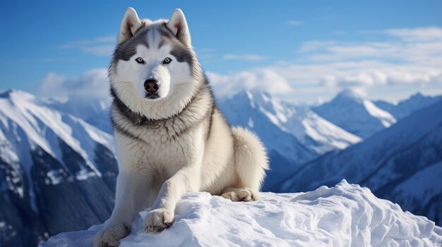 Un husky en una cumbre nevada de una montaña