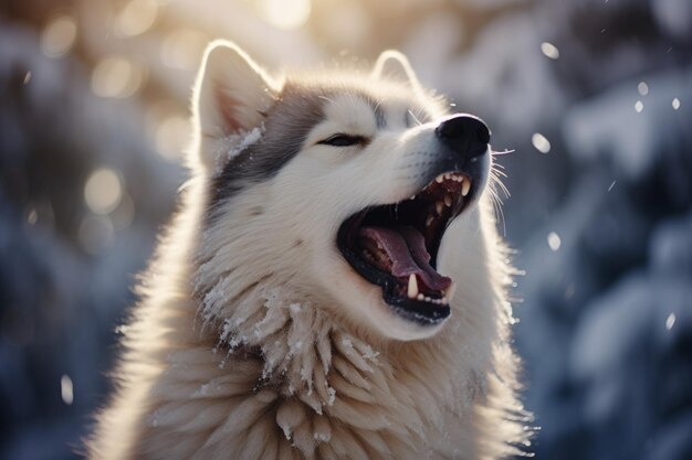 Husky deleite de pé na neve boca aberta abraçando a paisagem de inverno