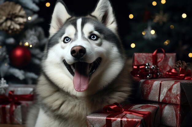 Foto husky e presentes debaixo da árvore de natal