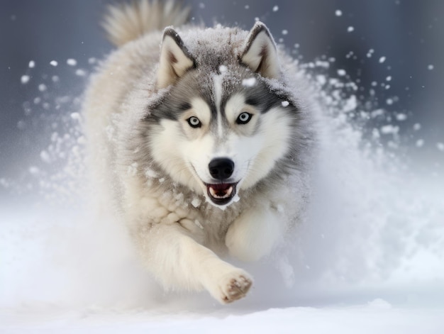 Husky feliz com olhos azuis impressionantes correndo pela neve