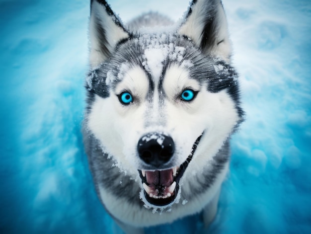 Husky feliz con sorprendentes ojos azules corriendo por la nieve