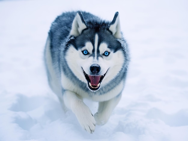 Husky feliz con sorprendentes ojos azules corriendo por la nieve