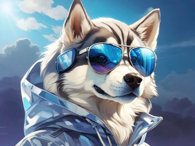 un husky con gafas de sol y una chaqueta en una playa con un cielo nublado