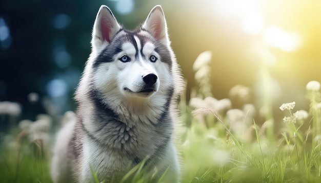 Husky-Hund geht im Sommer bei Sonnenuntergang auf der Wiese spazieren