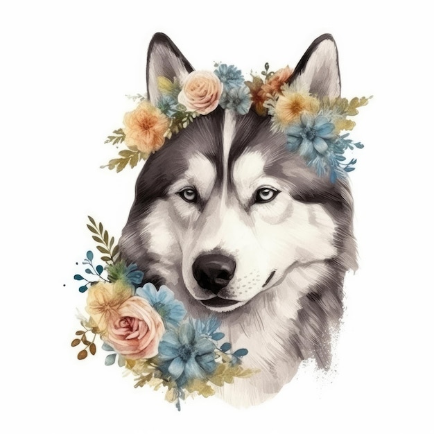 Husky-Hund mit Blumen im Gesicht