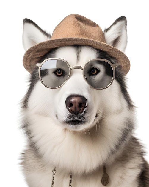 Husky-Hund mit Brille und Hut