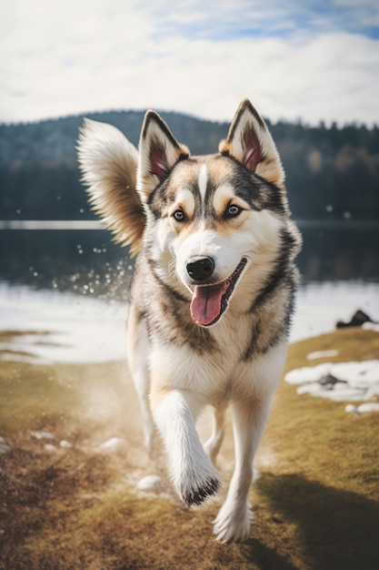 Husky-Hund mit herausgestreckter Zunge am See und Wald, der mit generativer KI-Technologie erstellt wurde