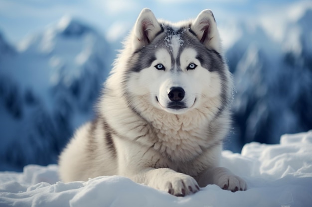 Husky-Hund posiert vor einem ruhigen, mit Schnee gefüllten Hintergrund
