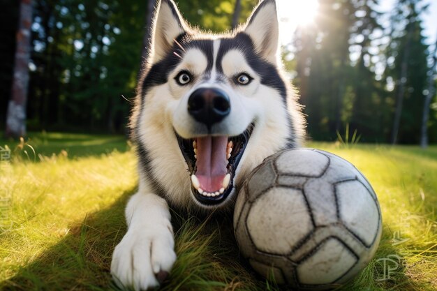 Husky juguetón disfrutando del sol de verano en el prado con la pelota