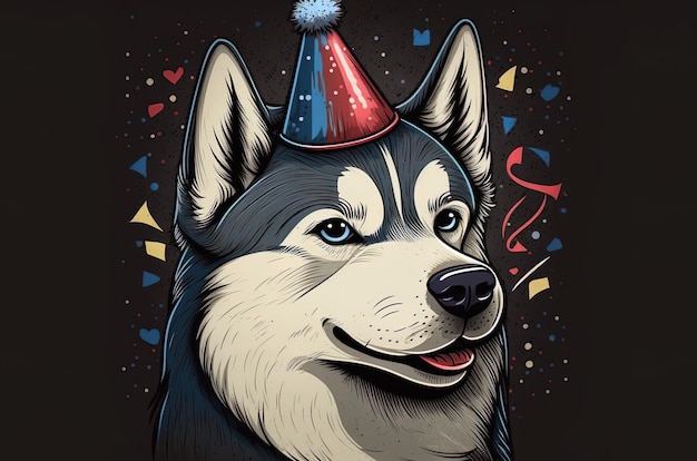 Husky lindo con un sombrero de fiesta en un disparo vertical