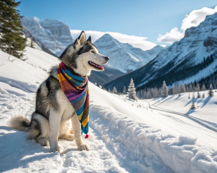 Husky en las montañas nevadas con una bufanda