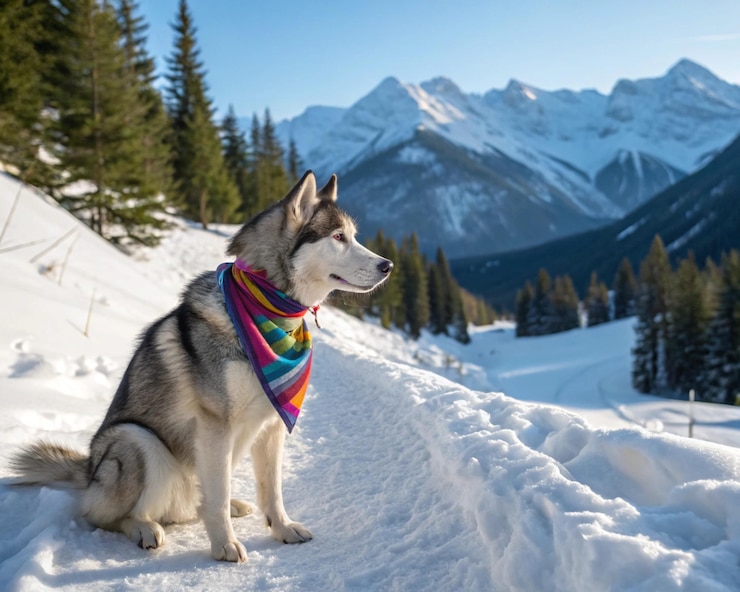 Husky en las montañas nevadas con la suave luz del sol