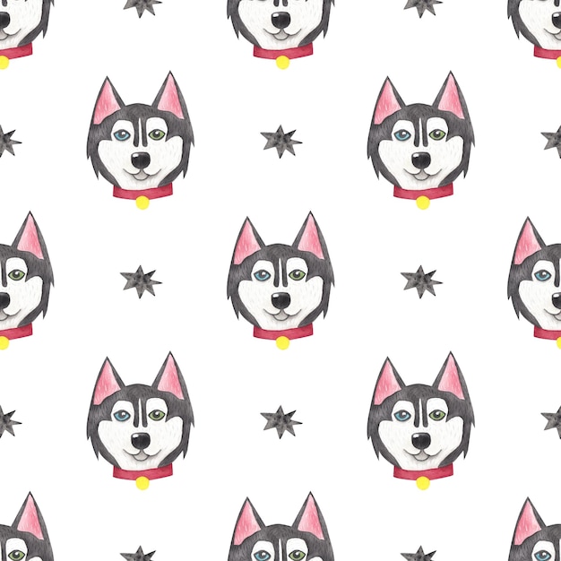 Husky nahtloses Muster Aquarell-Illustration im Cartoon-Stil Cute Texturen für Baby-Textilien Stoffdesign Scrapbooking Tapeten usw.