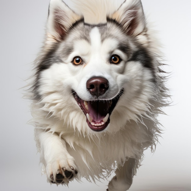 Husky con ojos bicromáticos saltando