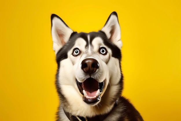 Husky siberiano com a boca aberta em fundo amarelo