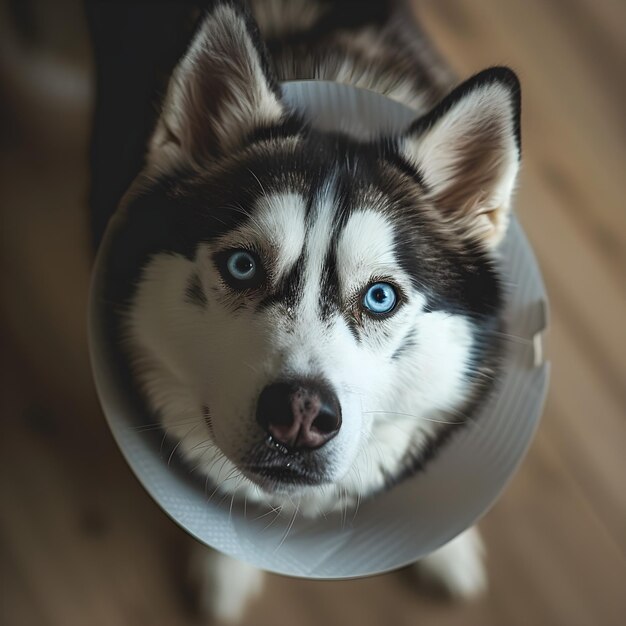 Husky siberiano com cone de vergonha colarinho elisabetano