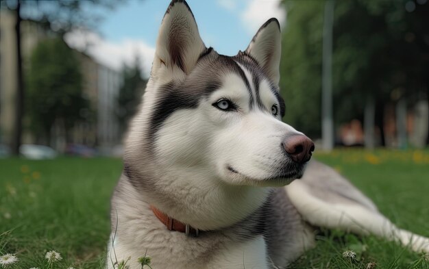 El Husky siberiano está sentado en la hierba en el parque.