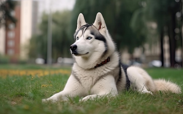 Husky siberiano está sentado na grama no parque postagem de publicidade profissional foto ai gerado