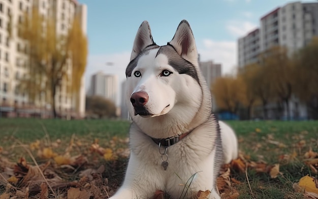Husky siberiano está sentado na grama no parque postagem de publicidade profissional foto ai gerado