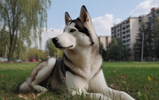 Husky siberiano está sentado na grama no parque postagem de publicidade profissional foto ai gerado