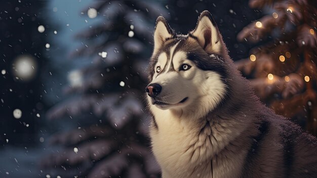 Husky siberiano na cena de Natal na neve