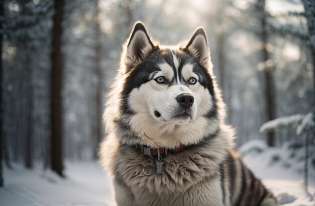 Husky siberiano vagando por el bosque