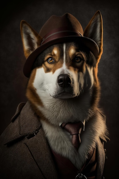 Husky verkleidet als generative KI von Sherlock Holmes