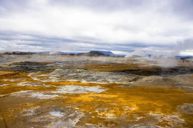 Hverir und Myvatn Geothermischer Ort mit blubberndem Schlamm und dampfenden Fumarolen, die Schwefelgas abgeben.