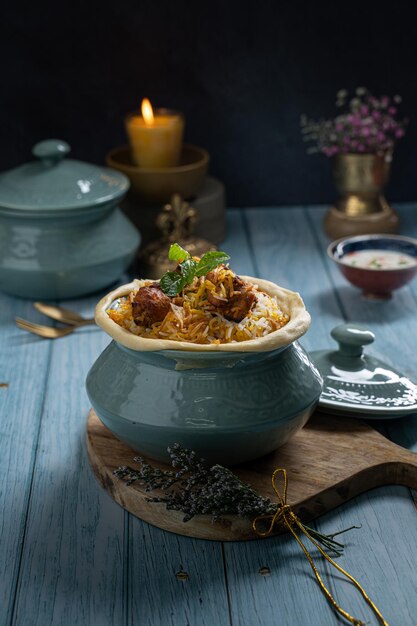 Hyderabadi Chicken Biryani mit Raita, serviert in einem Gericht isoliert auf dunklem Hintergrund Seitenansicht