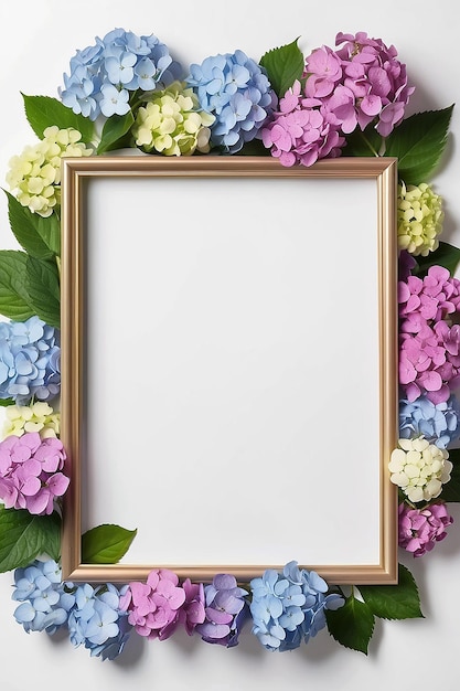 Hydrangea-Farbtöne Leerrahmen-Mockup mit weißem Leerraum für die Platzierung Ihres Designs