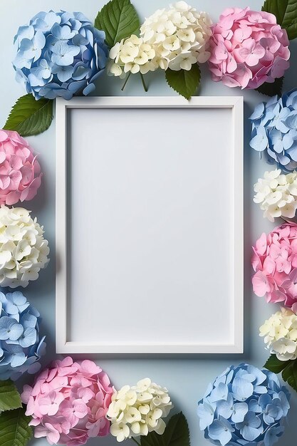 Hydrangea Hues Harmony em branco Frame Mockup com espaço vazio branco para colocar o seu projeto