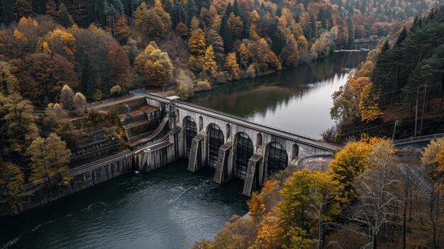 Foto hydro haven imágenes profesionales de presas hidroeléctricas ubicadas en pintorescos valles fluviales que combinan energías renovables. ilustración generada por prodai