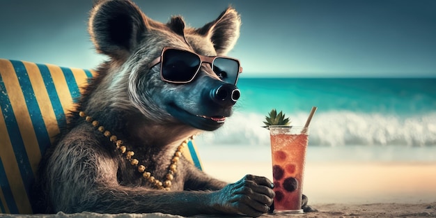 Hyena ist im Sommerurlaub im Badeort und entspannt sich am Sommerstrand