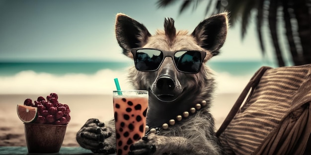 Hyena ist im Sommerurlaub im Badeort und entspannt sich am Sommerstrand