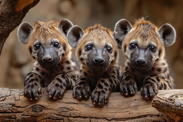 Hyenas grupo de bebés de animales colgando en una rama lindo sonriente adorable