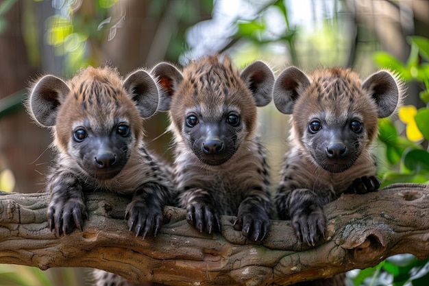 Hyenas grupo de bebés de animales colgando en una rama lindo sonriente adorable