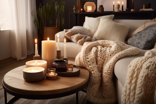 Hygge-inspiriertes Wohnzimmer mit gemütlichen Möbeln, Kerzen und Überwurfdecken