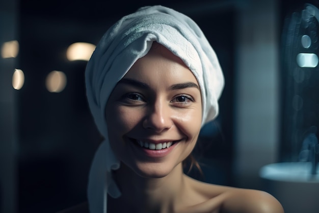 Hygiene, Körperpflege, glückliche, schöne junge kaukasische Frau mit Handtuch auf dem Kopf im Badezimmer nach der Dusche, Blick in die Kamera. Generatives KI-Frauenporträt