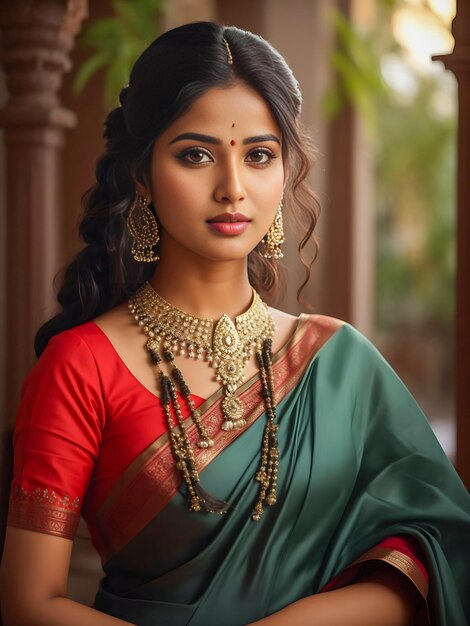Hyper-realistisches Bild eines wunderschönen 25-jährigen hinduistischen indischen Mädchens mit traditioneller Kleidung