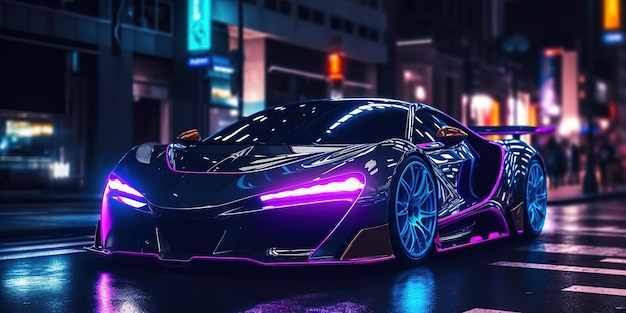 Hypercar voller Neonlichter, das nachts in der Stadt geparkt ist