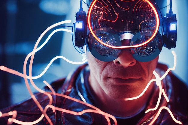 Hyperdetailliertes 3D-Illustrationsporträt der Lederjacke des Cyberpunk-Cyborg-Helden mit leuchtenden Fäden