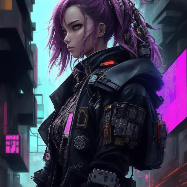 hyperdetailliertes Konzeptkunstwerk mit einem schönen Anime-Mädchen im Cyberpunk-Stil